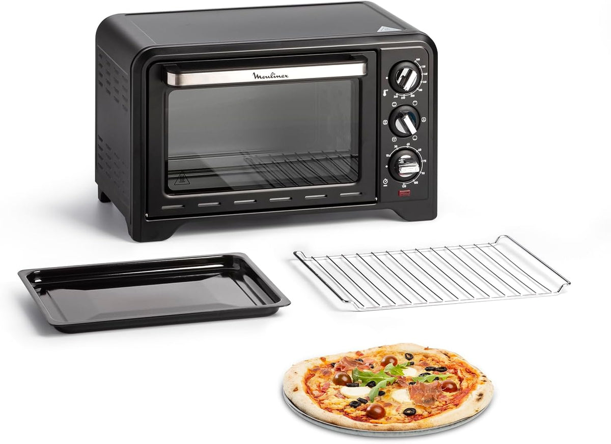 Moulinex Four électrique 39 L, 7 modes de cuisson, Chaleur tournante, Thermostat réglable jusqu’à 240° C, Tournebroche, Minuteur 120 min, Grille réversible, Optimo noir OX485810(19 L/Noir)