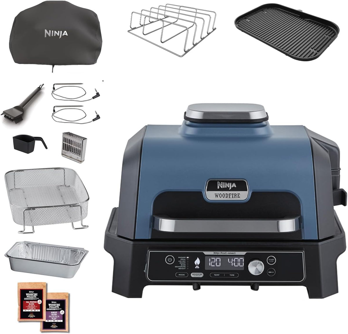 Ninja Woodfire Pro Connect XL Barbecue Électrique Fumoir avec Contrôle d'Application, 2 Sondes, Grille, Housse, Revêtements Brosse, Grill Friteuse sans huile 7-en-1, Bleu Noir OG901EUAMZ