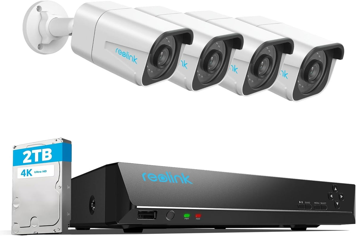 Reolink 4K Caméra de Surveillance Extérieure, Détection de Personne et Véhicule, Kit Vidéo Surveillance avec 8CH 2To NVR et Caméra IP PoE 4X 8MP, 30 Mètres Vision Nocturne avec Audio, RLK8-800B4(Blanc)