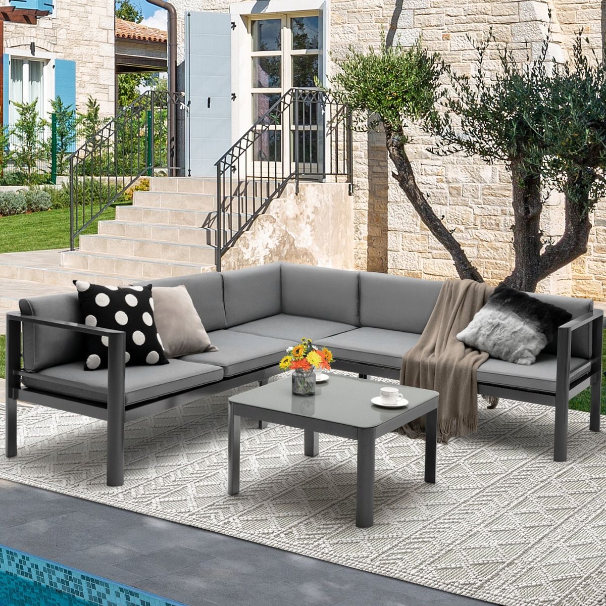 Salon de Jardin Extérieur avec Table Basse en Verre Trempé Canapéavec Dossier Inclinable à 6 Niveaux Coussins Inclus Gris(Default Title)
