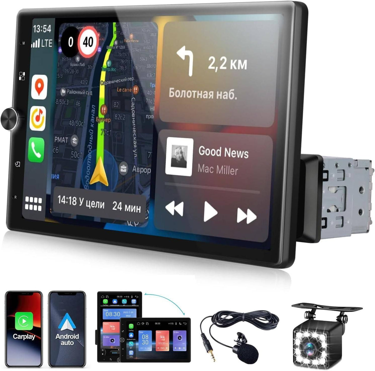 SIXWIN Autoradio Bluetooth 1 Din CarPlay Android Auto Média Récepteur,10.4 Pouces Écran Tactile Lecteur avec Bluetooth/FM/USB/AUX/SD/AUX-in/Lien(Noir)