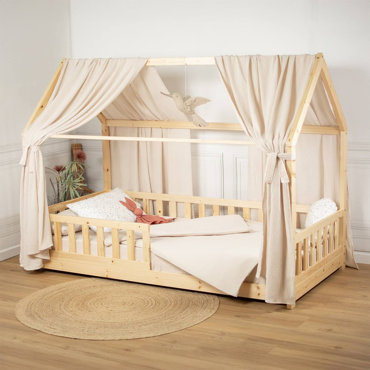 sevira kids Set Double Ciel de lit cabane en gaze de coton Duo(Beige/Bois Clair)