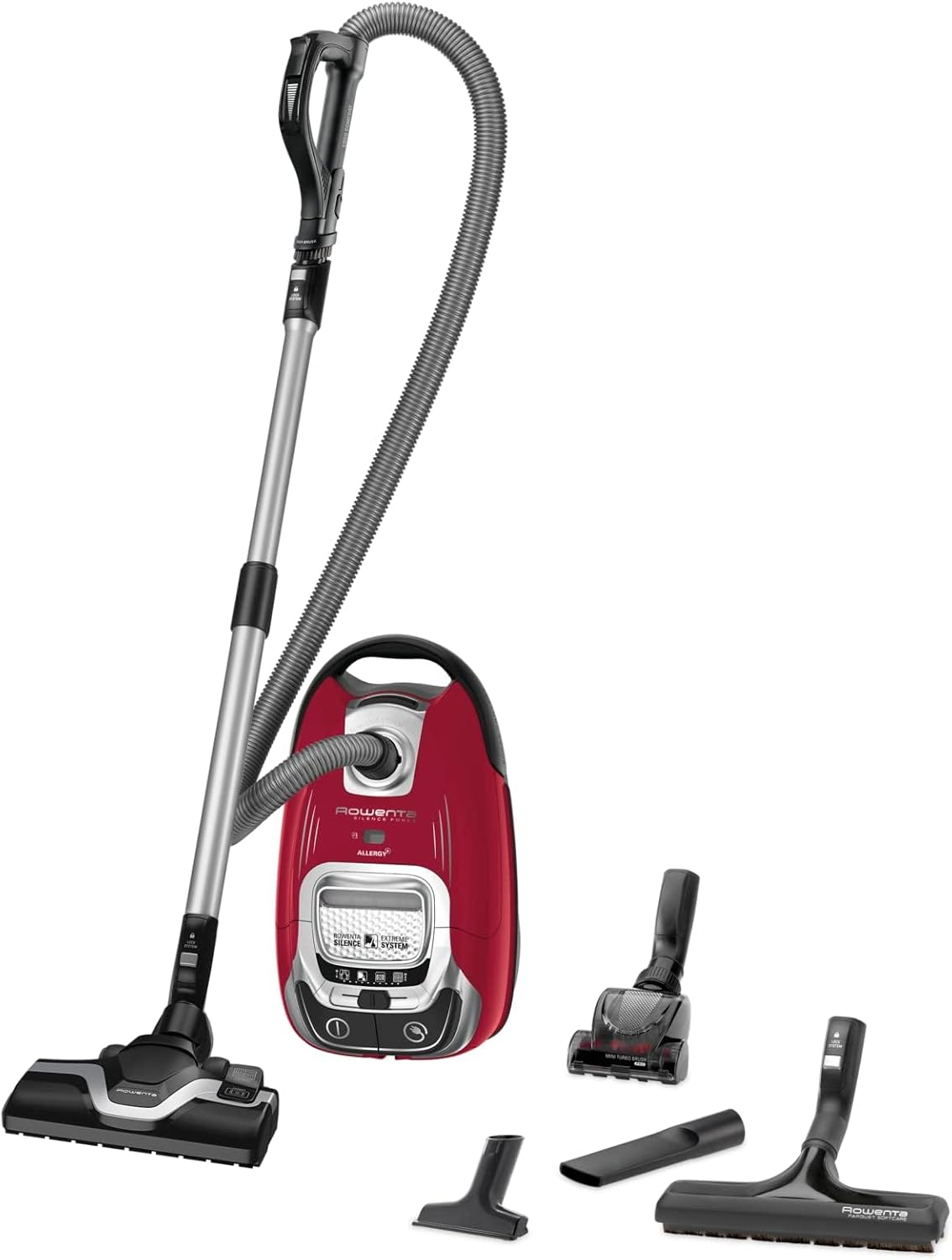 Rowenta Vacuum Cleaner with Bag, Silent, Performance, Low Energy Consumption, High Filtration, Capacity 4.5 L, Pet Hair Accessories, Made in France, Silence Force, Red RO7473EA