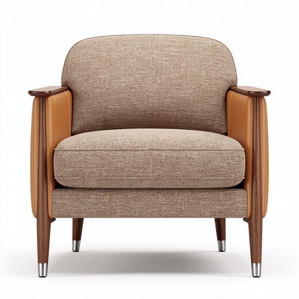 Fauteuil en tissu beige avec accoudoirs en cuir caramel dimensions 80 x 80 x 75cm