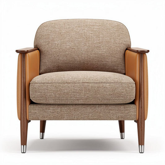 Fauteuil en tissu beige avec accoudoirs en cuir caramel dimensions 80 x 80 x 75cm