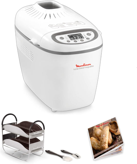 Moulinex Home Bread Baguette Machine à petits pains, 16 programmes, Résultats homogènes, Jusqu'à 1,5 kg de pain frais, Plaques croustillants, 3 niveaux de dorage OW610110, Blanc(Blanc)