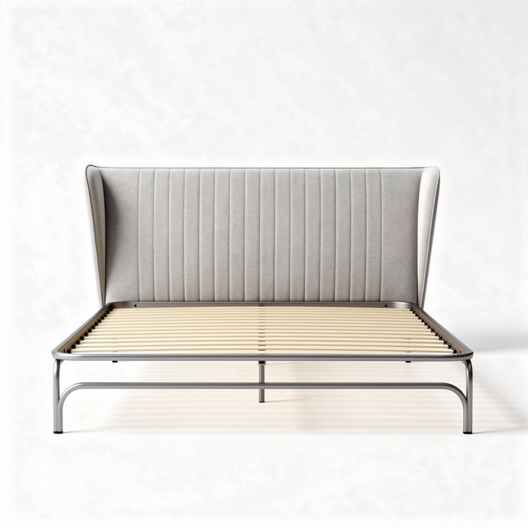 Lit en métal avec tête de lit rembourrée en textile gris 200 x 160 x 100cm