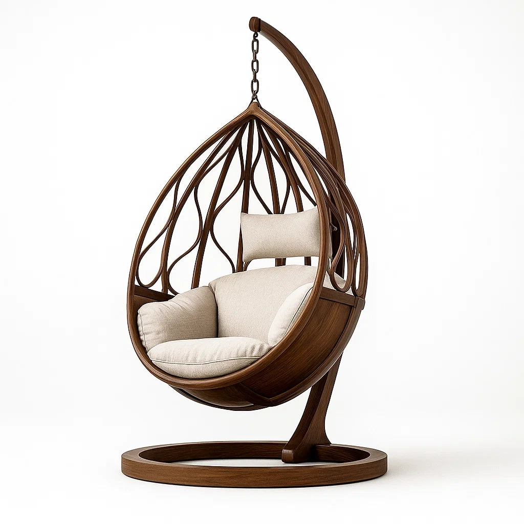 Fauteuil œuf suspendu en bois avec coussin beige(Beige/Bois Naturel)