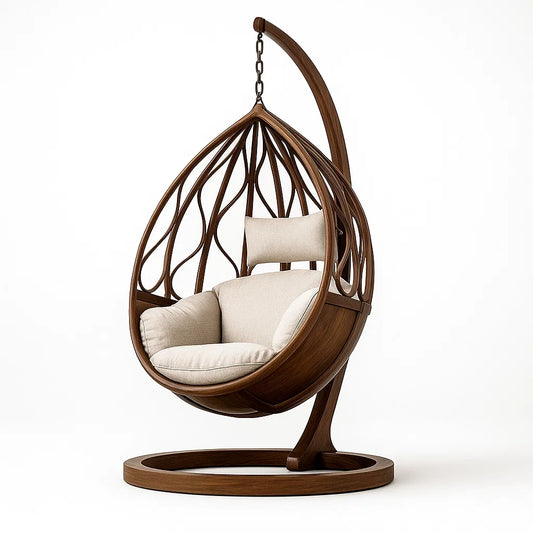 Fauteuil œuf suspendu en bois avec coussin beige(Beige/Bois Naturel)