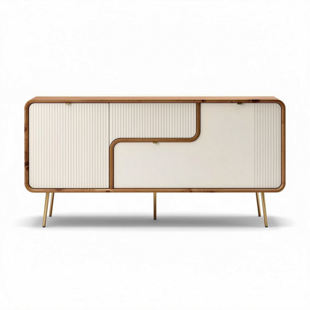 Buffet en bois avec finition en blanc et façades texturées dimensions 150 x 40 x 80cm