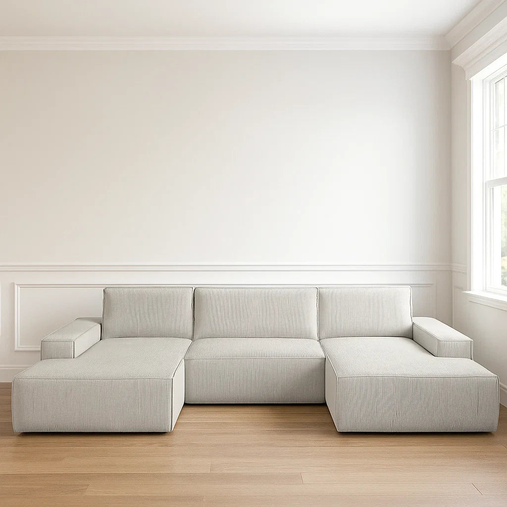 Canapé panoramique convertible beige velours polyester salon - L 358 x P 167 x H 85 cm(Beige)