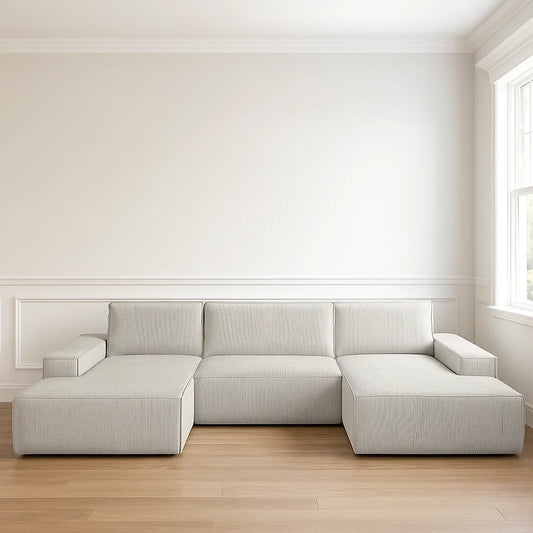 Canapé panoramique convertible beige velours polyester salon - L 358 x P 167 x H 85 cm(Beige)