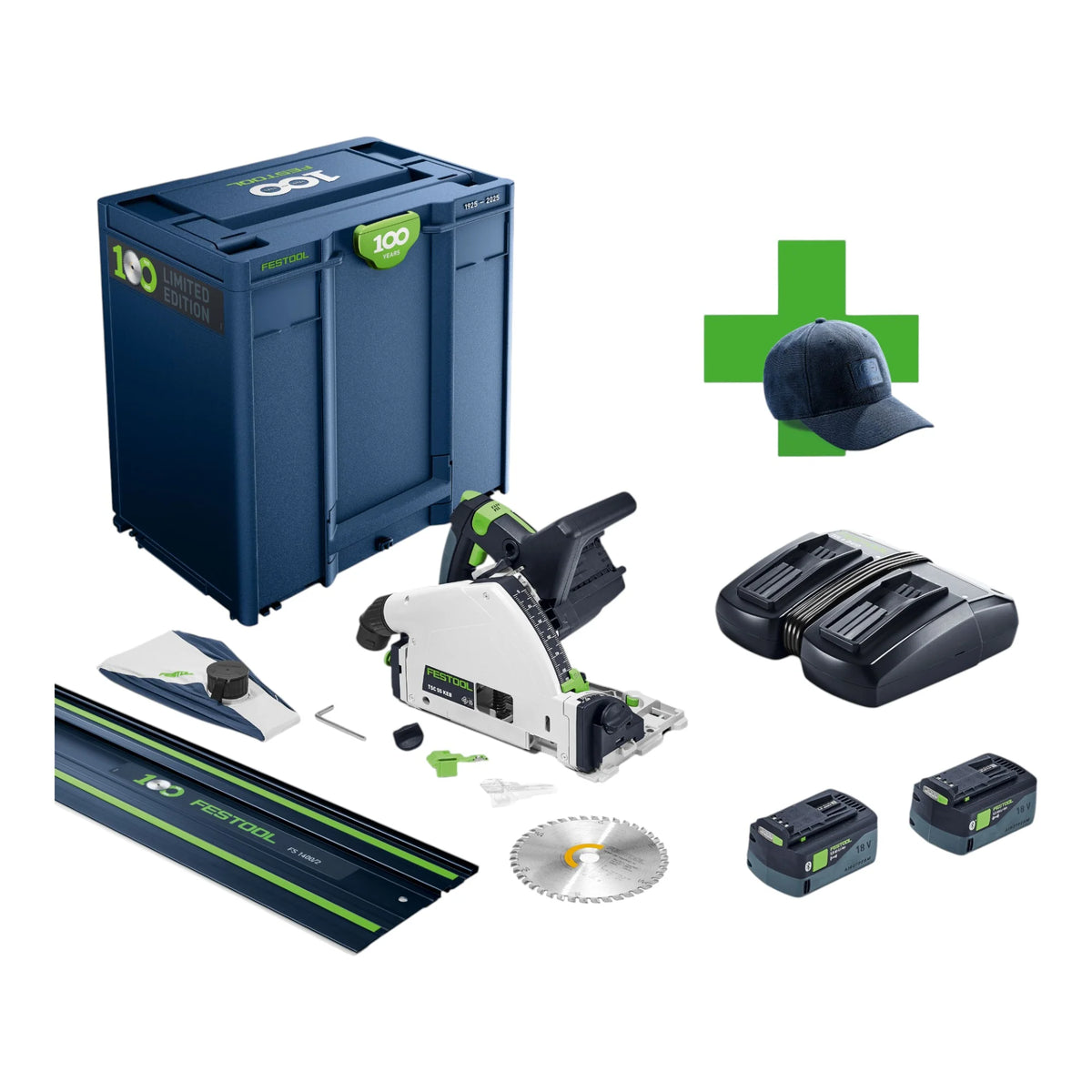 Festool TSC 55 KEBI-Plus/XL-FS 100Y Limited Edition Scie plongeante sans fil 18 / 36 V ( 2x 18 V ) 160 mm Brushless ( 578229 ) + 2x batterie 5,0 Ah + chargeur + rail de guidage + Systainer