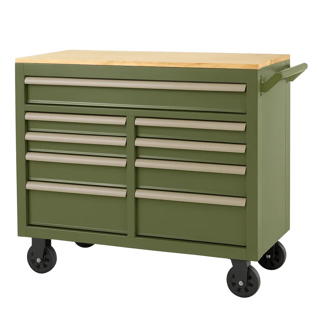Servante à outils en métal vert avec plateau en bois(Vert/Bois)