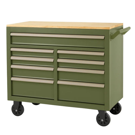 Servante à outils en métal vert avec plateau en bois(Vert/Bois)
