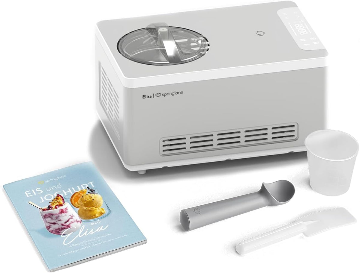 SPRINGLANE Sorbetière et yaourtière Elisa 2,0 L avec compresseur auto-refroidissant 180 W (Argent, avec accessoires)(Argent/Elisa)