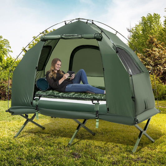 Tente de Camping avec Lit pour 1 Personne Lit de Camping Pliant 5 en 1 avec Matelas Pneumatique Oreiller Sac de Couchage Tente Surélevée Étanche(Default Title)