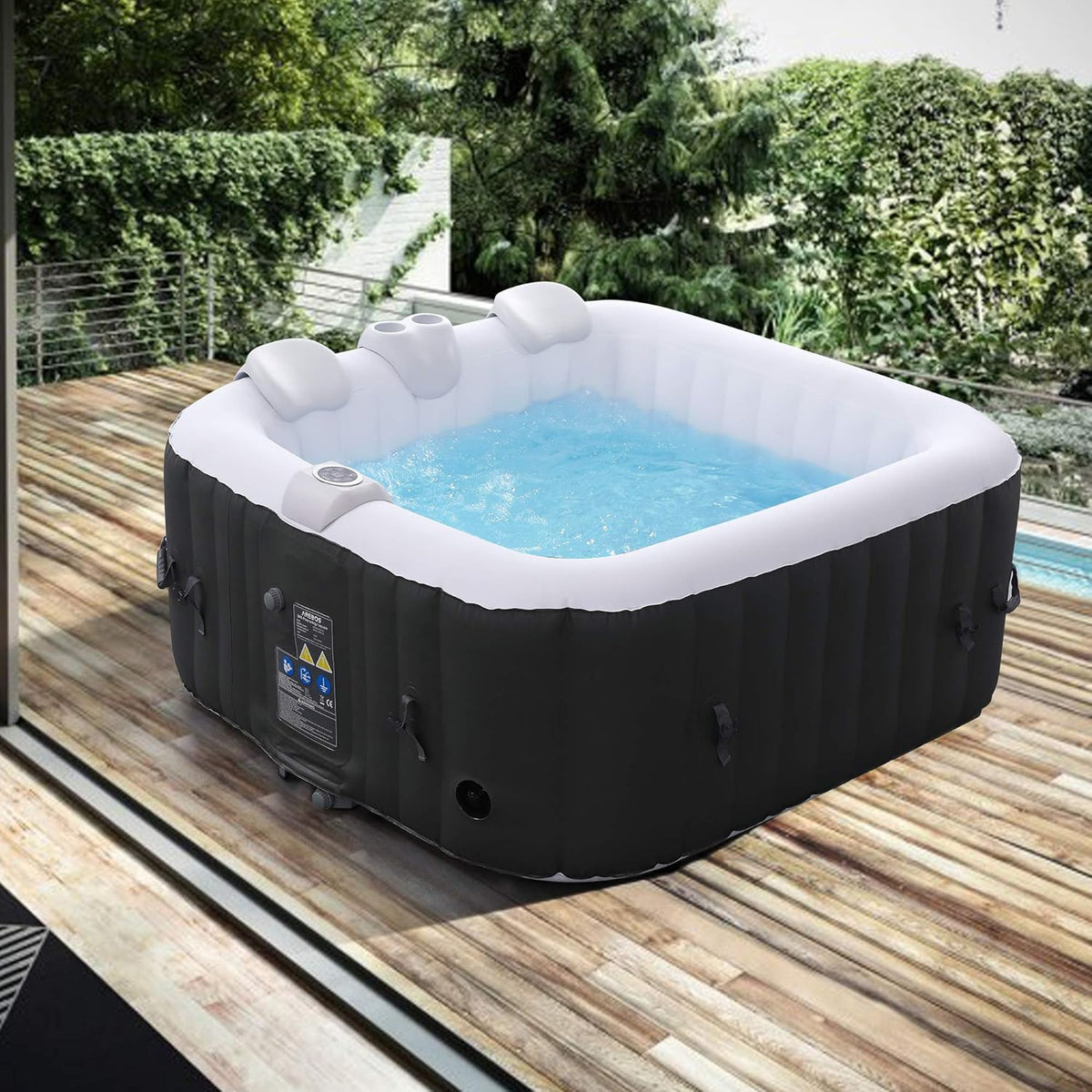 Arebos Spa Gonflable | pour l'intérieur et l'extérieur | 4 Personnes | 154x154cm | 100 Jets de Massage | Spa Bien-être Chauffage | Massage Gonflable Carré | 600 litres(Noir)