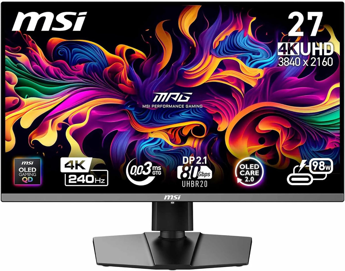 MSI MPG 272URX QD-OLED écran Gaming 27 4K UHD - Dalle OLED 3840 x 2160, 240Hz, 0.03ms, 99 pour cent DCI-P3, ΔE≤2, DisplayHDR True Black 400, G-Sync,HDMI 2.1, DP 2.1a, USB Type-C (98W PD), Noir(Noir)