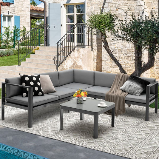 Salon de Jardin Extérieur avec Table Basse en Verre Trempé Canapéavec Dossier Inclinable à 6 Niveaux Coussins Inclus Gris(Default Title)