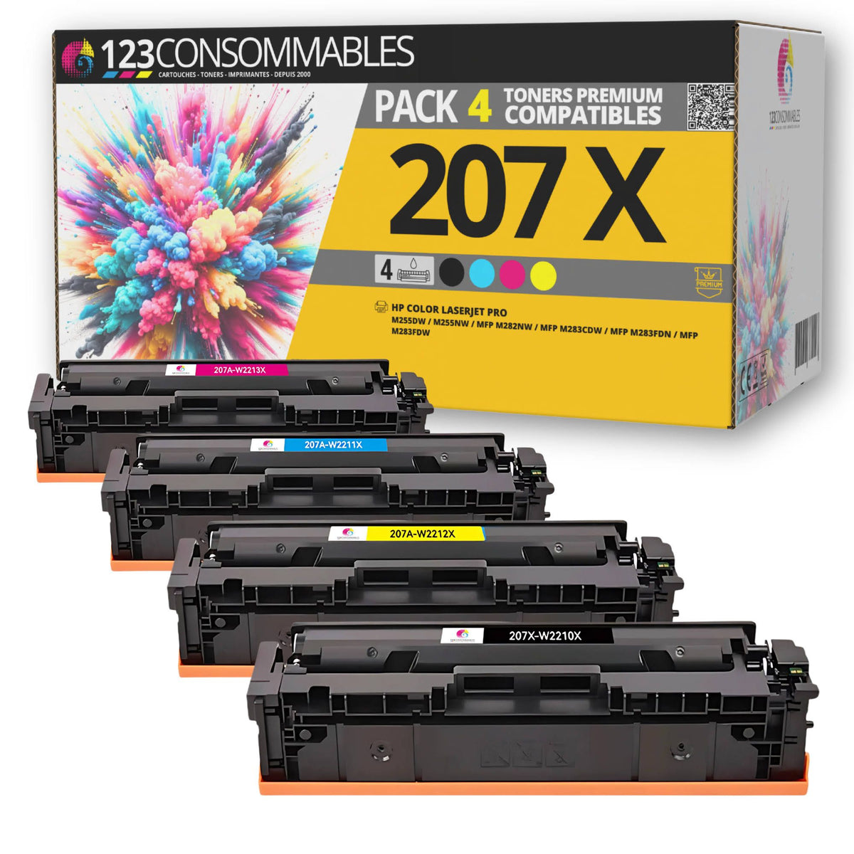 123consommables 207X Pack 4 Toners HP 207X / 207A compatibles M255dw M283fdw M282nw(Noir/Cyan/Magenta/Jaune)