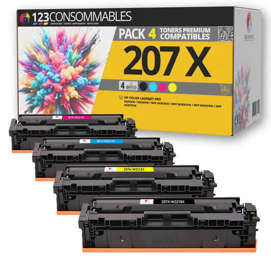 123consommables 207X Pack 4 Toners HP 207X / 207A compatibles M255dw M283fdw M282nw(Noir/Cyan/Magenta/Jaune)