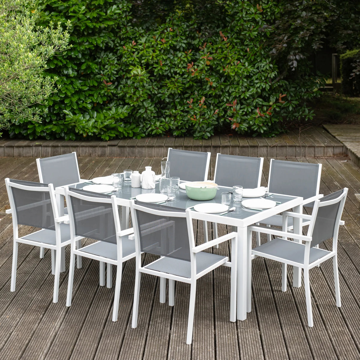 Salon de jardin BARI en textilène gris 8 places - aluminium blanc Happy Garden(SELLER_2006_77929)