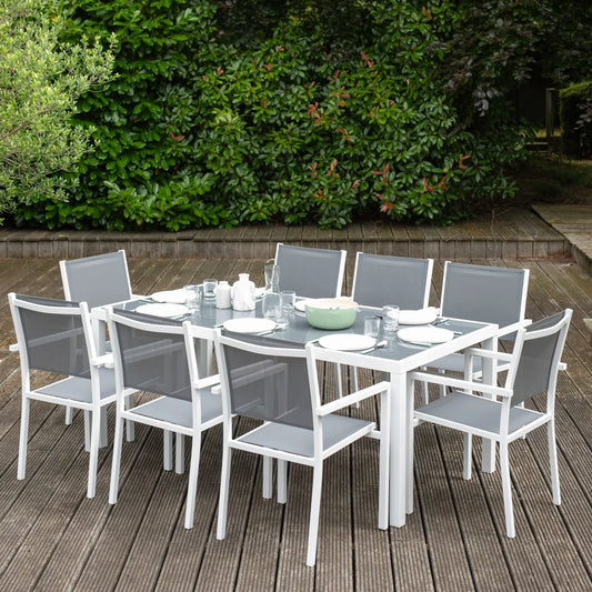 Salon de jardin BARI en textilène gris 8 places - aluminium blanc Happy Garden(SELLER_2006_77929)
