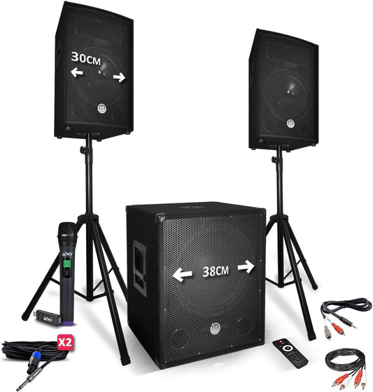 Pack Sono 2200W - Enceintes 12 + Caisson 15 + Pieds + Micro UHF - USB/Bluetooth + câbles