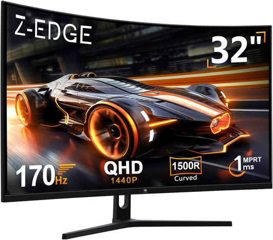 Z-Edge Écran PC Gamer Incurvé 32'' 2K QHD(2560x1440), 1ms, 170Hz, Moniteur Gaming 16:9, AMD FreeSync, Inclinaison Réglable, 1500R VA, 2xDP1.4  2xHDMI2.0, 3000:1, RGB, VESA 75*75mm(Câble HDMI Inclus)(Noir)