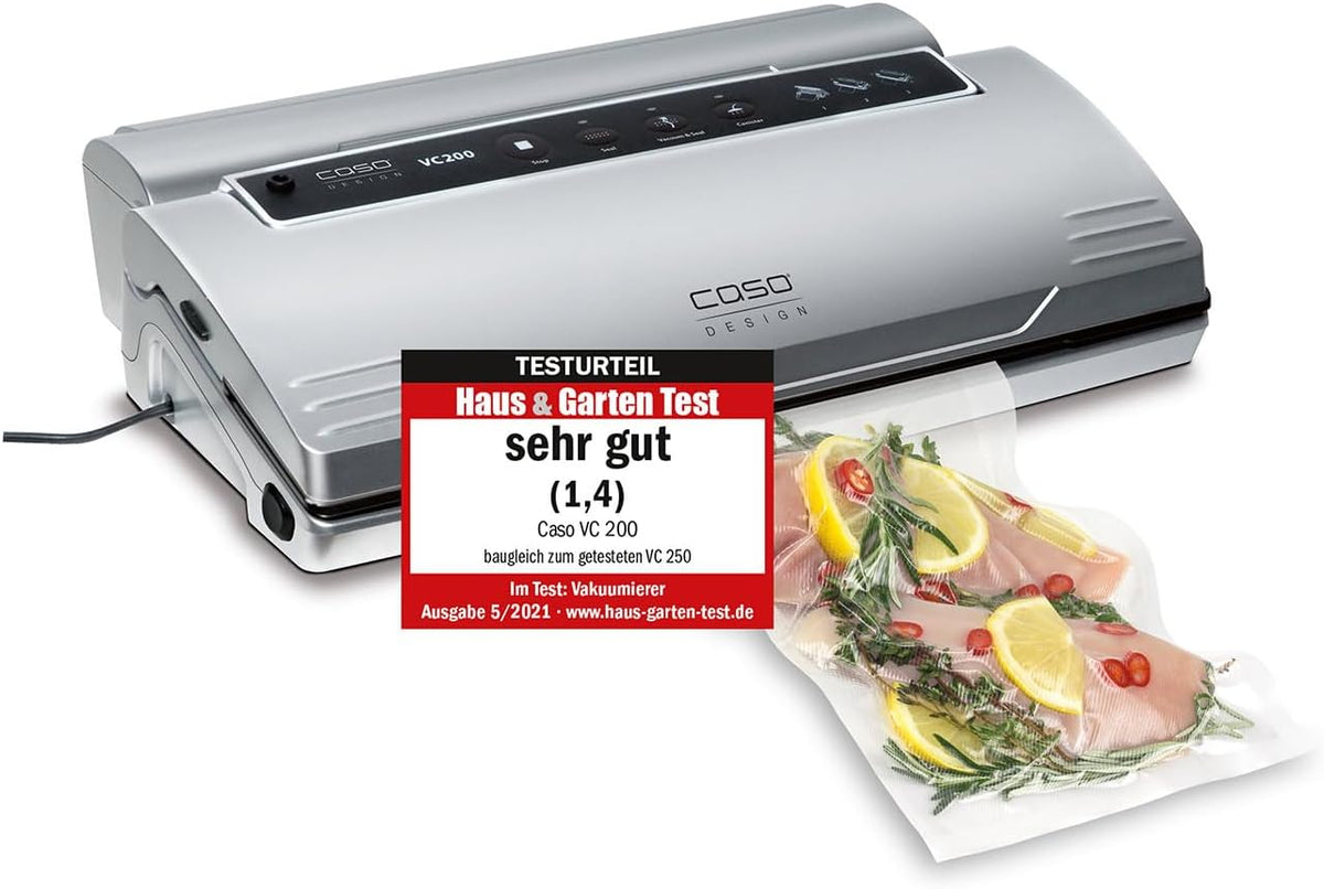 CASO VC200 - Appareil de mise sous vide, fraîcheur 8x plus longue, double soudure, épaisseur de vide réglable, avec boîte à film, cutter, 2 rouleaux de film professionnel, flexible