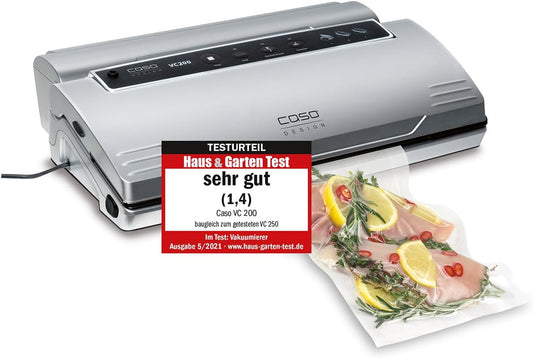 CASO VC200 - Appareil de mise sous vide, fraîcheur 8x plus longue, double soudure, épaisseur de vide réglable, avec boîte à film, cutter, 2 rouleaux de film professionnel, flexible